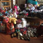 Room with many donations of pet supplies and clothing.