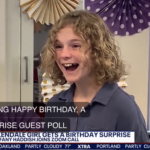 A younger Hadley with a large open-mouthed smile on the news. Beneath, there is a news ticker which reads "Glendale Girl Gets a Birthday Surprise: Tiffany Haddish Joins Zoom Call"