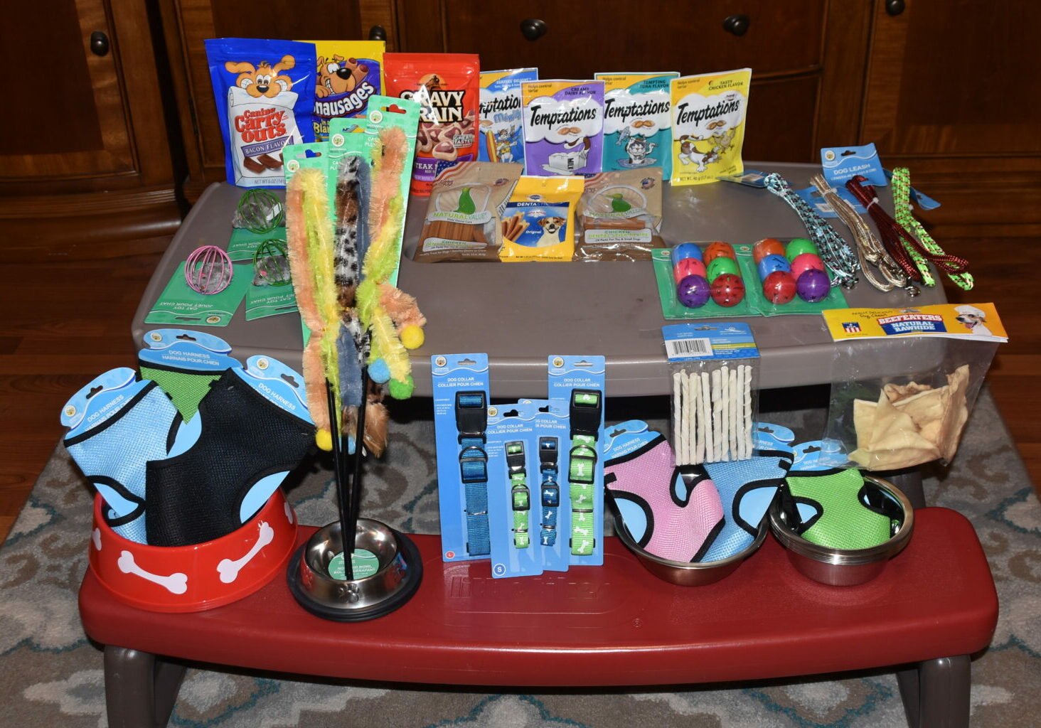 Photo of treats, toys, and accessories for pets.